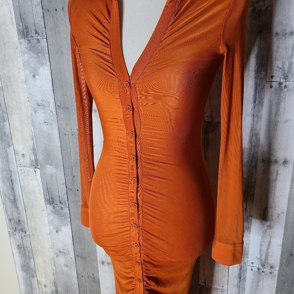MESHKI XXS Jenny Mesh Ruched Maxi Dress in Burnt Orange - Picture 6 of 9